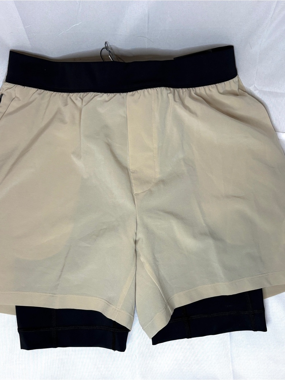 Men's Beige Athletic Shorts with Black Waistband - Picture 1 of 2